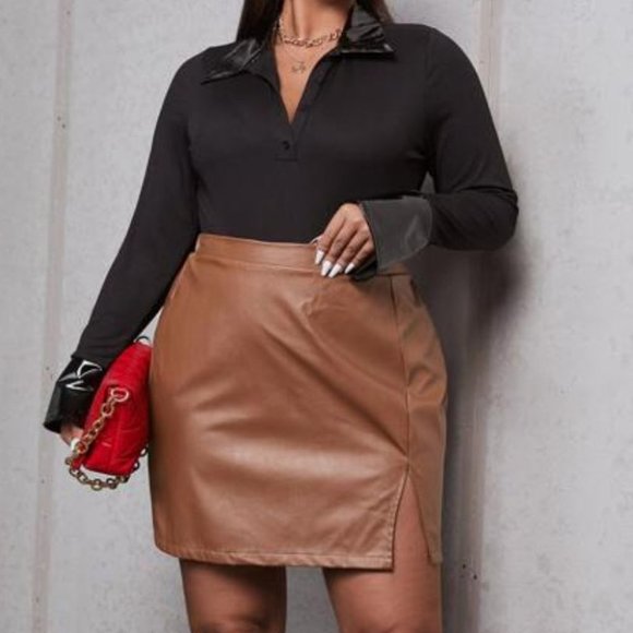 Plus faux leather Split Side Skirt brown - Picture 2 of 5